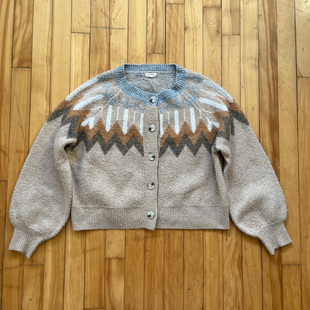 Debut Women Knit Cardigan Sweater Fair Isle Pattern Button Front M L